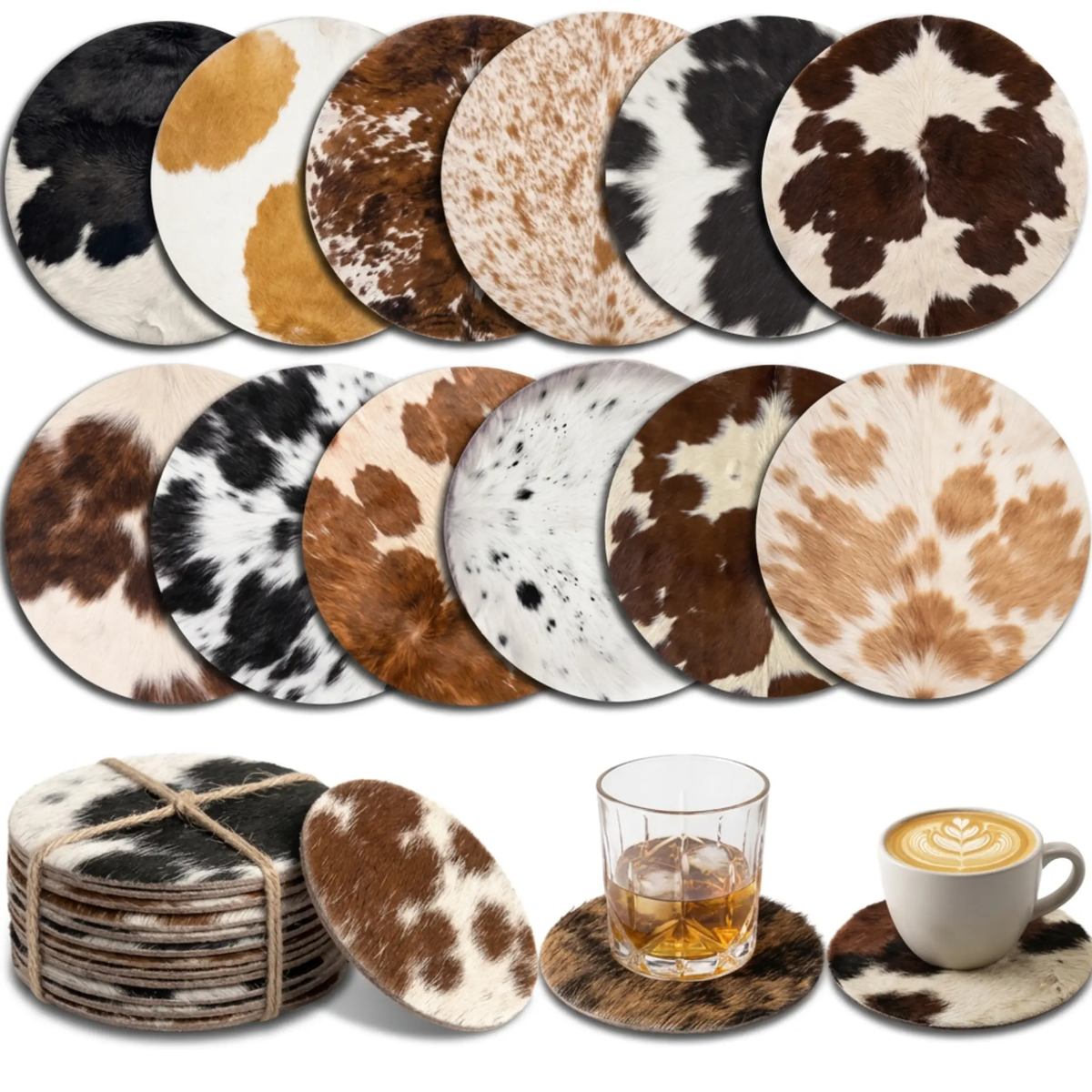 Hair-On Cowhide Round Coasters 4 Inch Set of 12, showing 12-pack assorted natural patterns