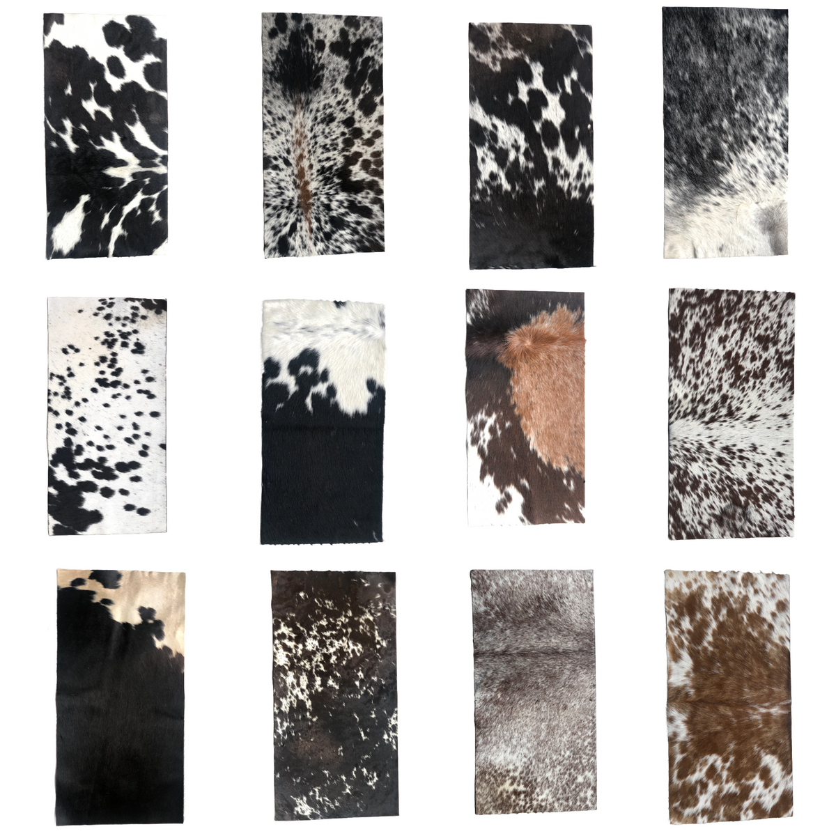 A 3x4 grid showing twelve different cowhide rugs or mats, each with unique black, white, brown, and beige spotted patterns.