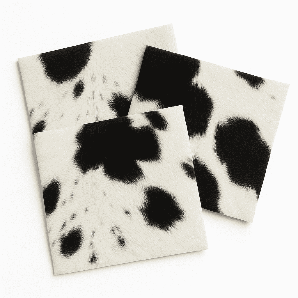 Black & White Hair-On Cowhide Sheets 12x12 (3 Pk), showing 3-pack stacked sheets