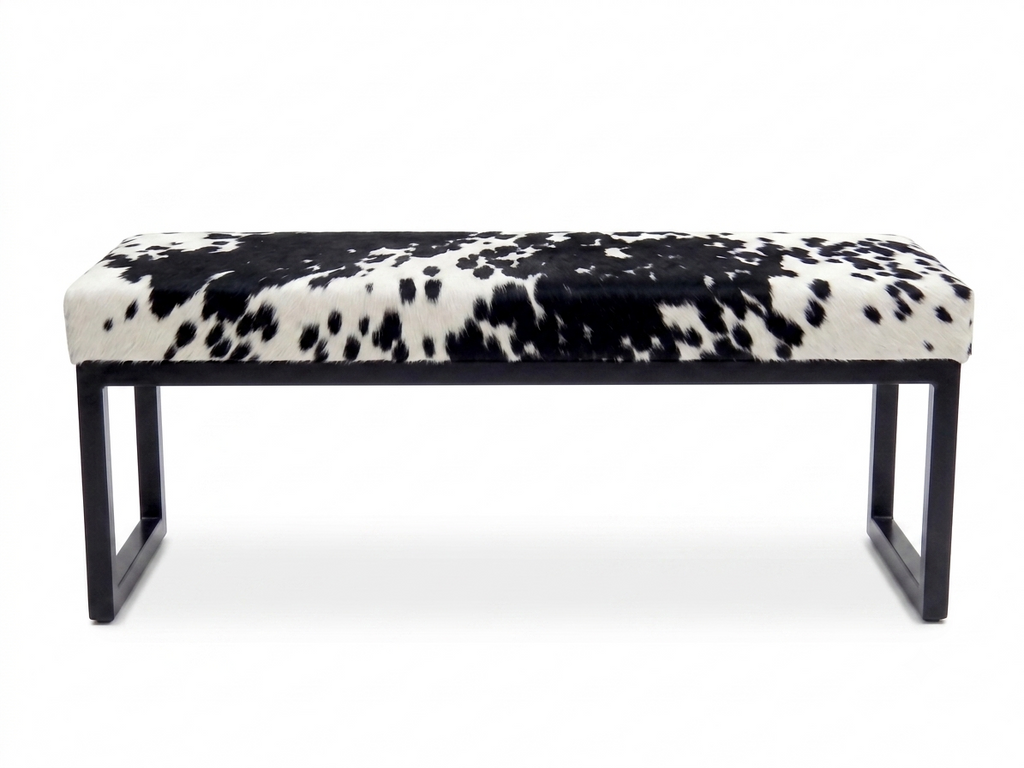Cowhide Industrial Bench Ottoman, End of Bed, Farmhouse Style