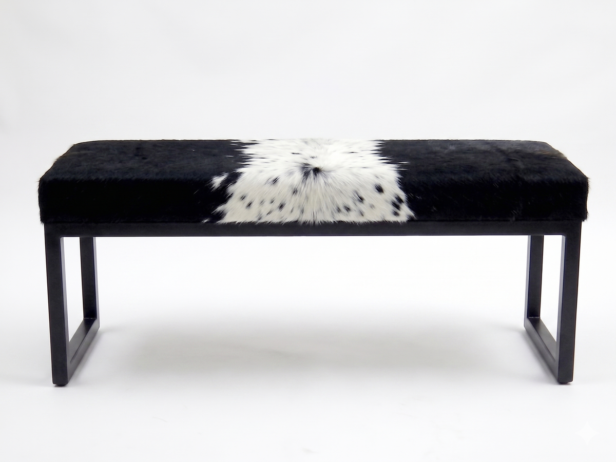 Cowhide Industrial Bench Ottoman, End of Bed, Farmhouse Style