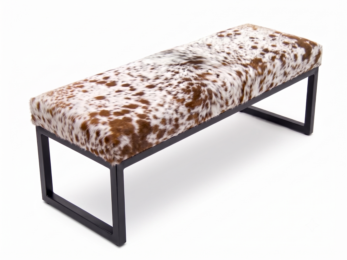 Cowhide Industrial Bench Ottoman, End of Bed, Farmhouse Style