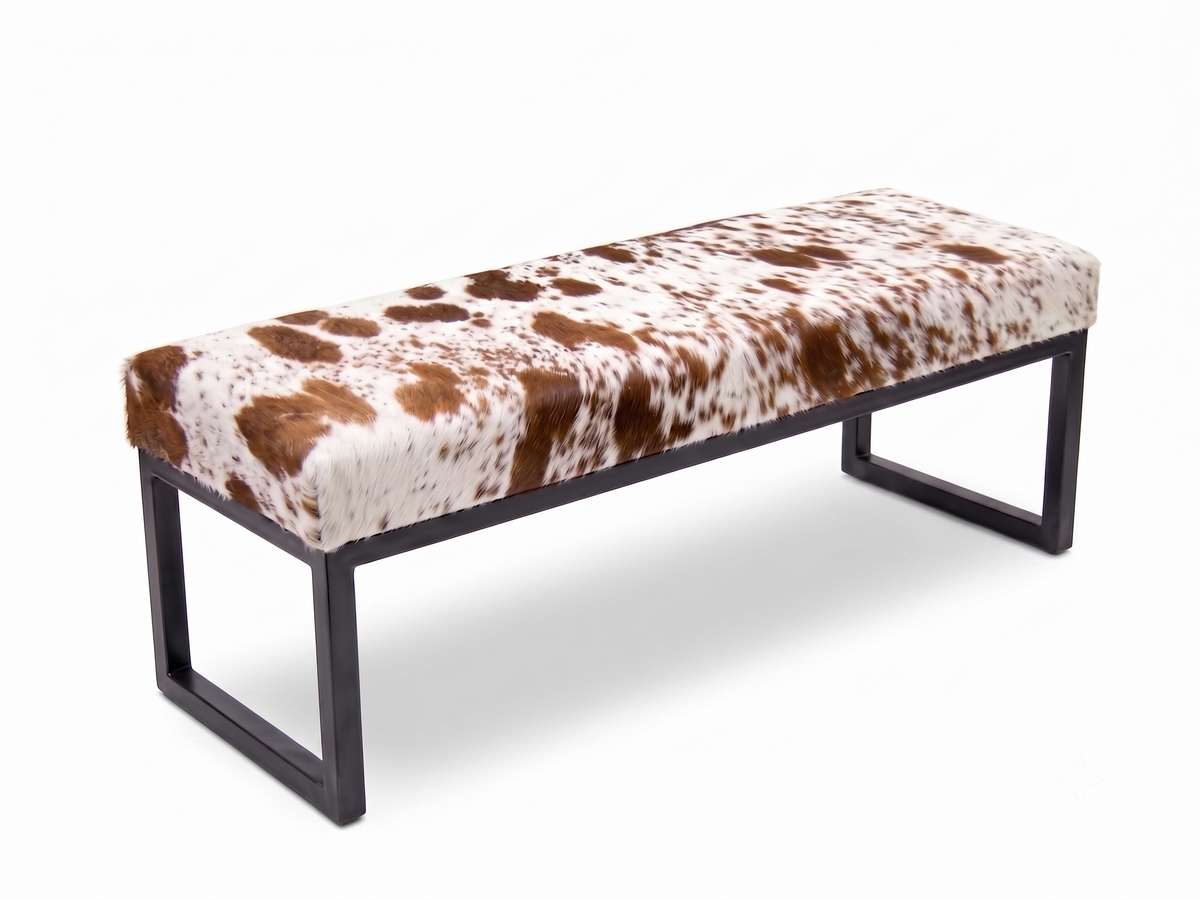 Cowhide Industrial Bench Ottoman, End of Bed, Farmhouse Style