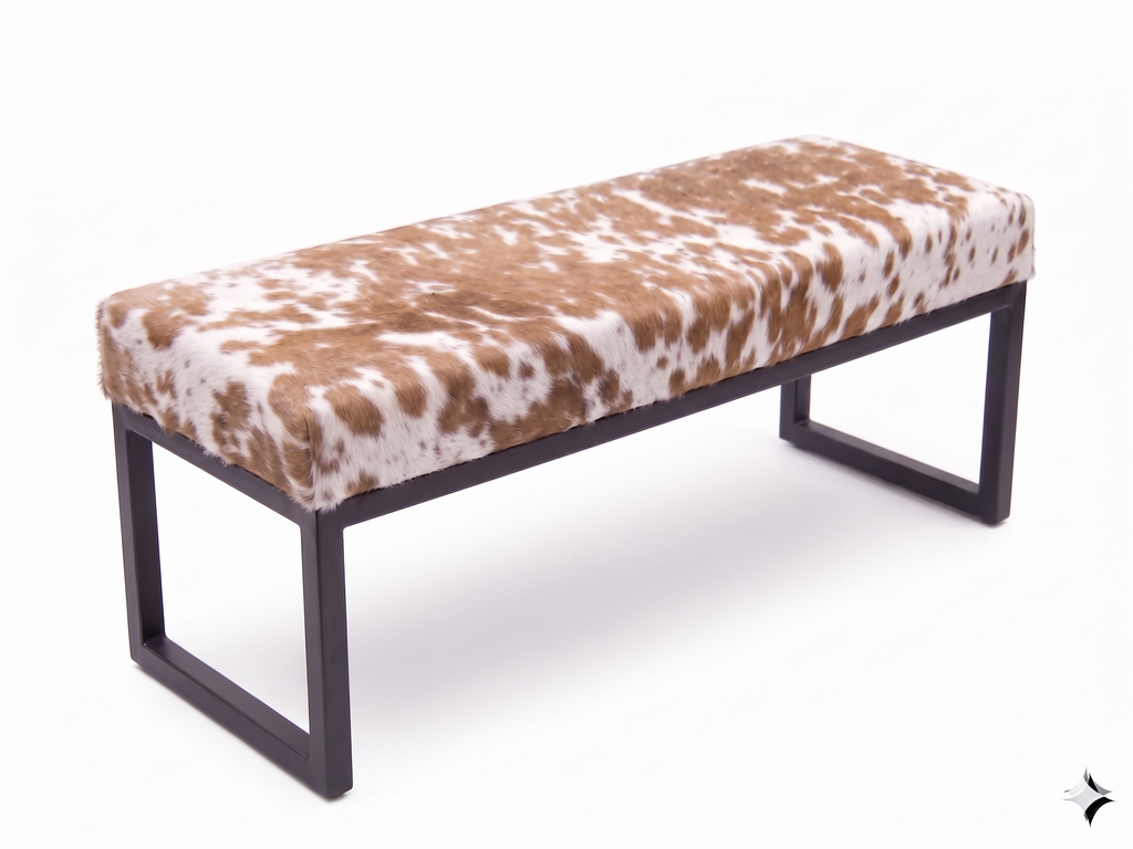 Cowhide Industrial Bench Ottoman, End of Bed, Farmhouse Style