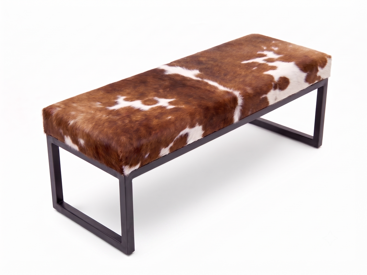 Cowhide Industrial Bench Ottoman, End of Bed, Farmhouse Style