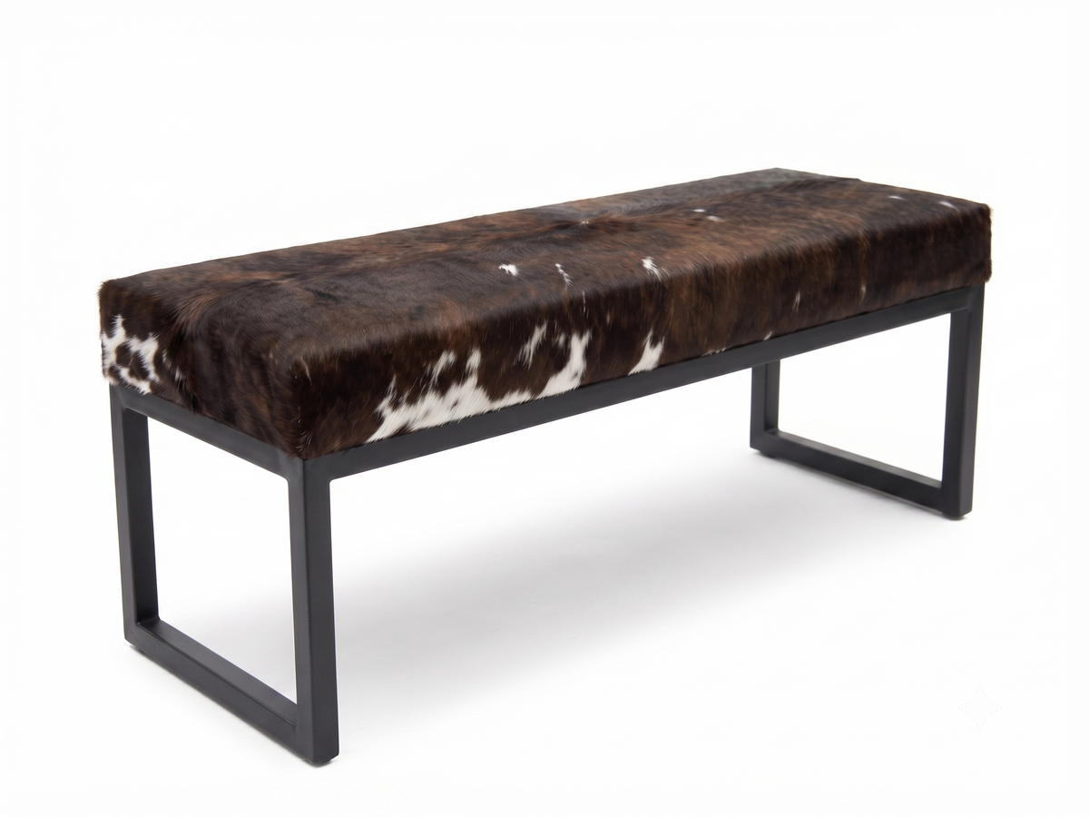 Cowhide Industrial Bench Ottoman, End of Bed, Farmhouse Style