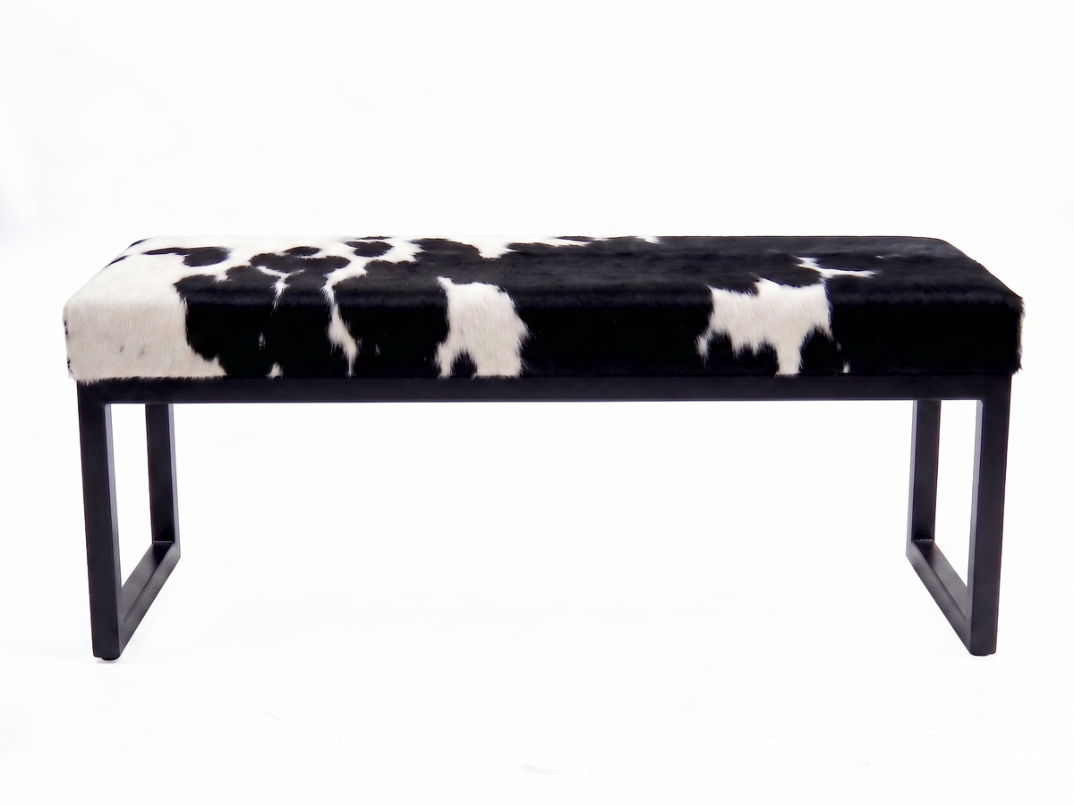 Cowhide Industrial Bench Ottoman, End of Bed, Farmhouse Style