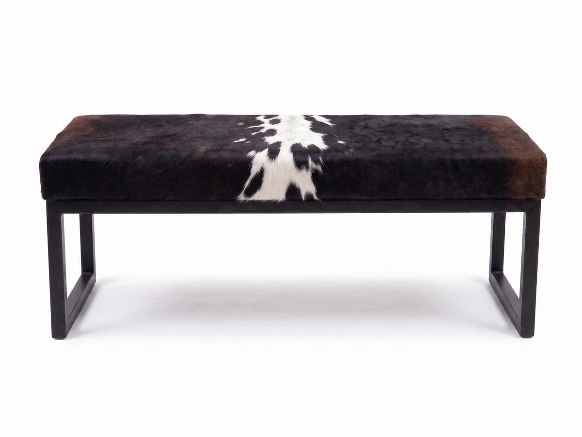 Cowhide Industrial Bench Ottoman, End of Bed, Farmhouse Style