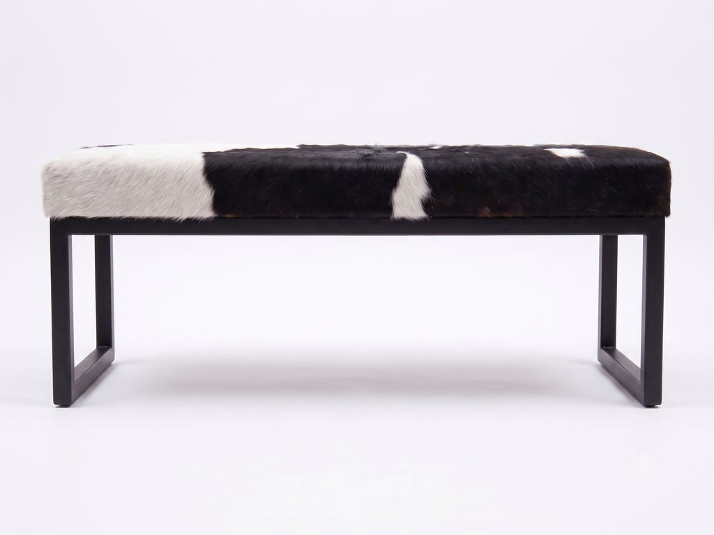Cowhide Industrial Bench Ottoman, End of Bed, Farmhouse Style
