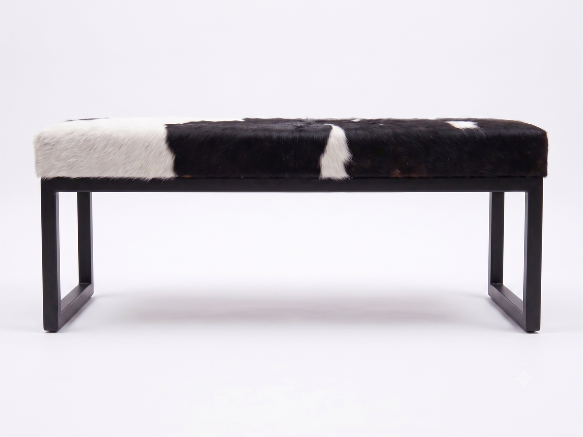 Cowhide Industrial Bench Ottoman, End of Bed, Farmhouse Style