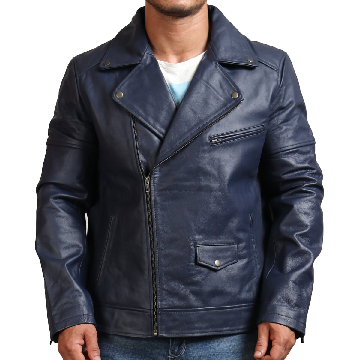 Real Leather Blue Motorcycle Jacket