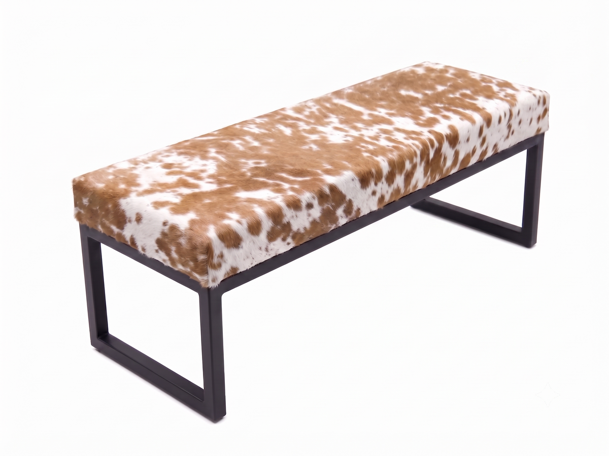 Cowhide Industrial Bench Ottoman, End of Bed, Farmhouse Style