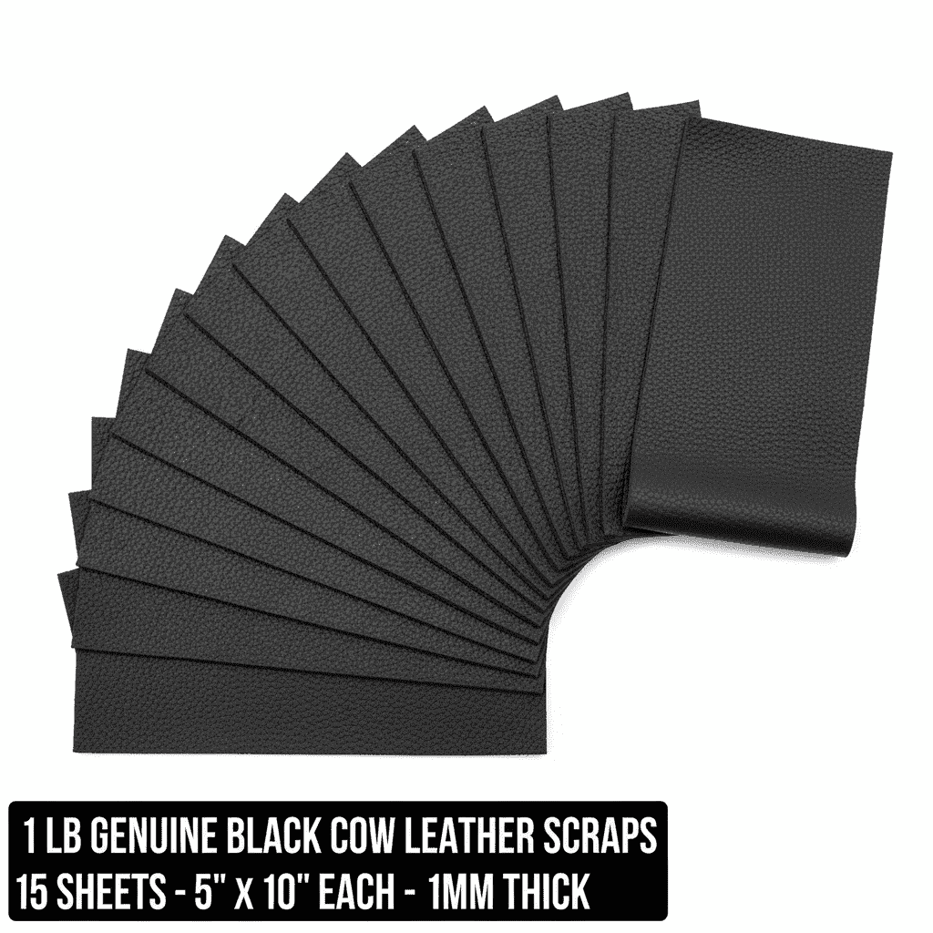 Black Cowhide Leather Sheets 5x10 1lb Pack, showing workable pieces for tooling