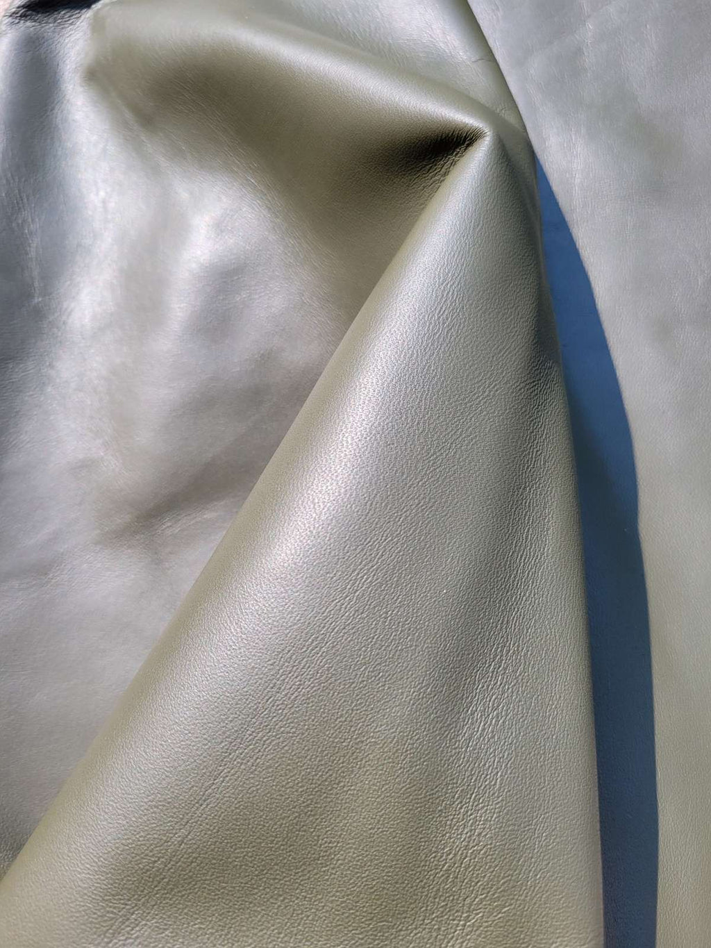 Olive Green Nappa Sheepskin Leather Hide, showing textured grain and color tone