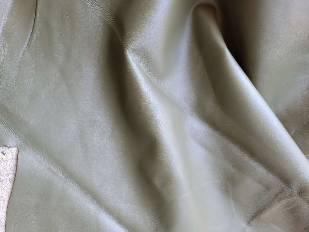 Olive Green Nappa Sheepskin Leather Hide, showing smooth natural grain texture