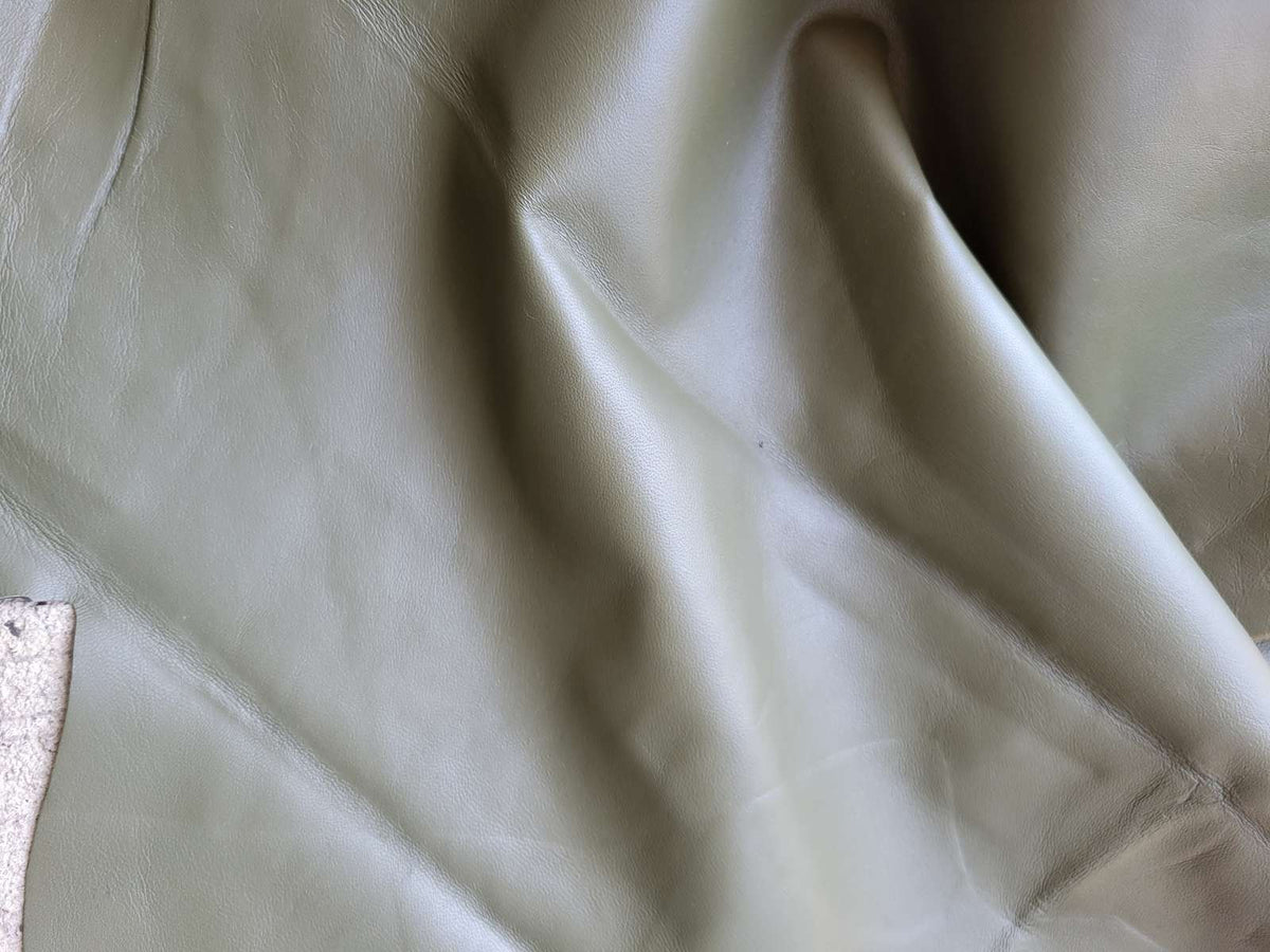 Olive Green Nappa Sheepskin Leather Hide, showing smooth natural grain texture