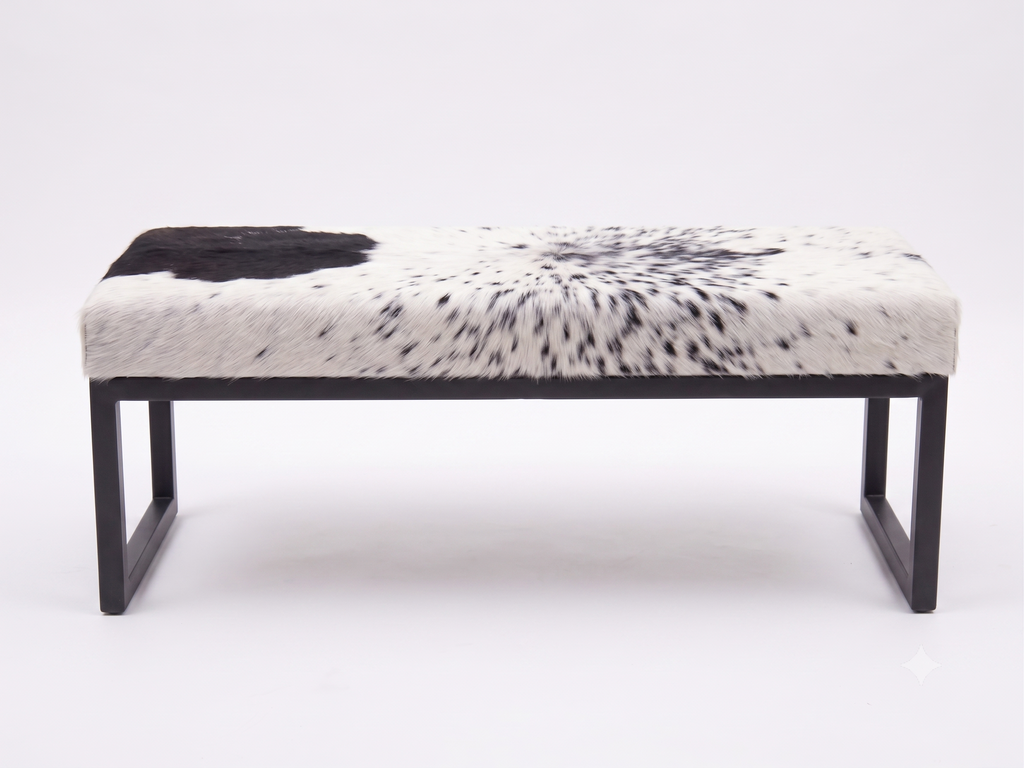 Cowhide Industrial Bench Ottoman, End of Bed, Farmhouse Style