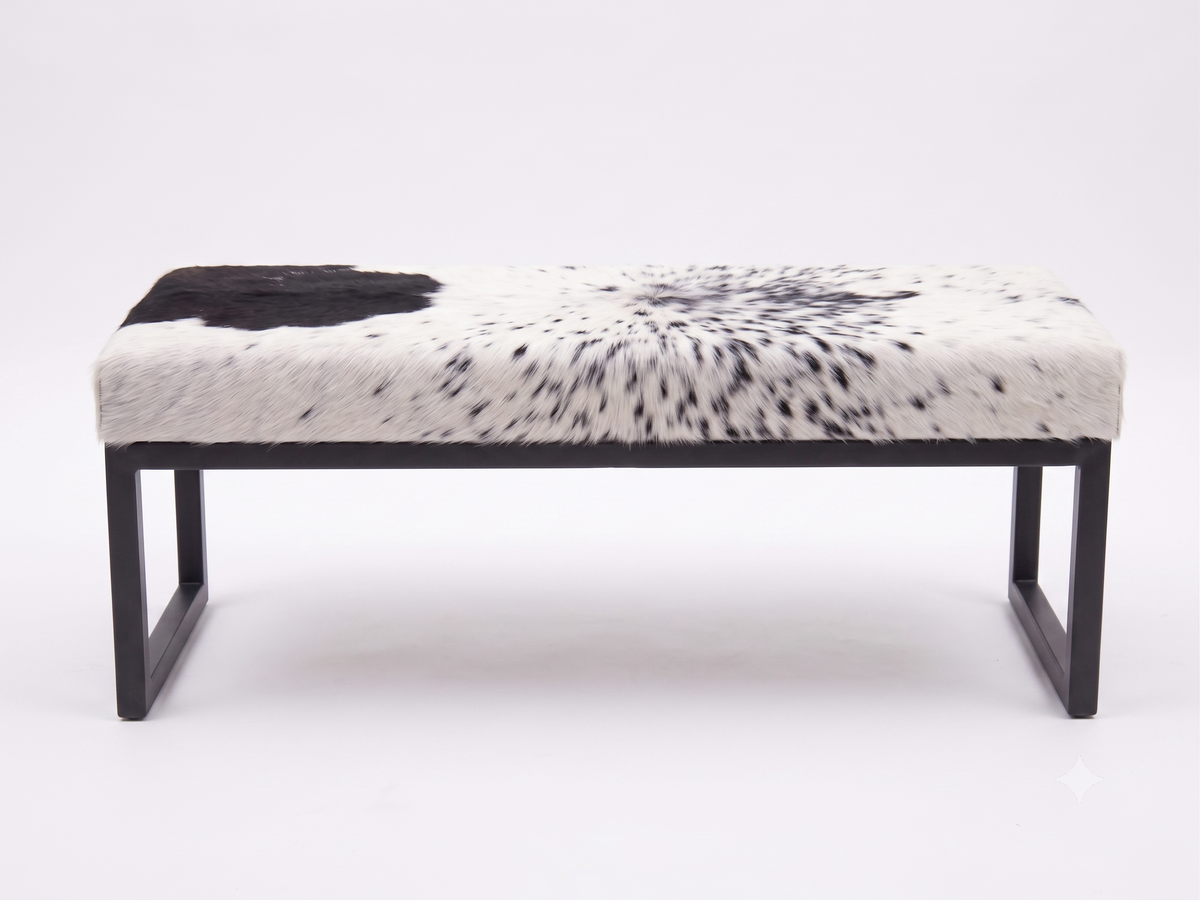 Cowhide Industrial Bench Ottoman, End of Bed, Farmhouse Style