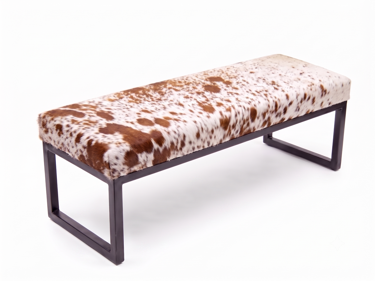Cowhide Industrial Bench Ottoman, End of Bed, Farmhouse Style