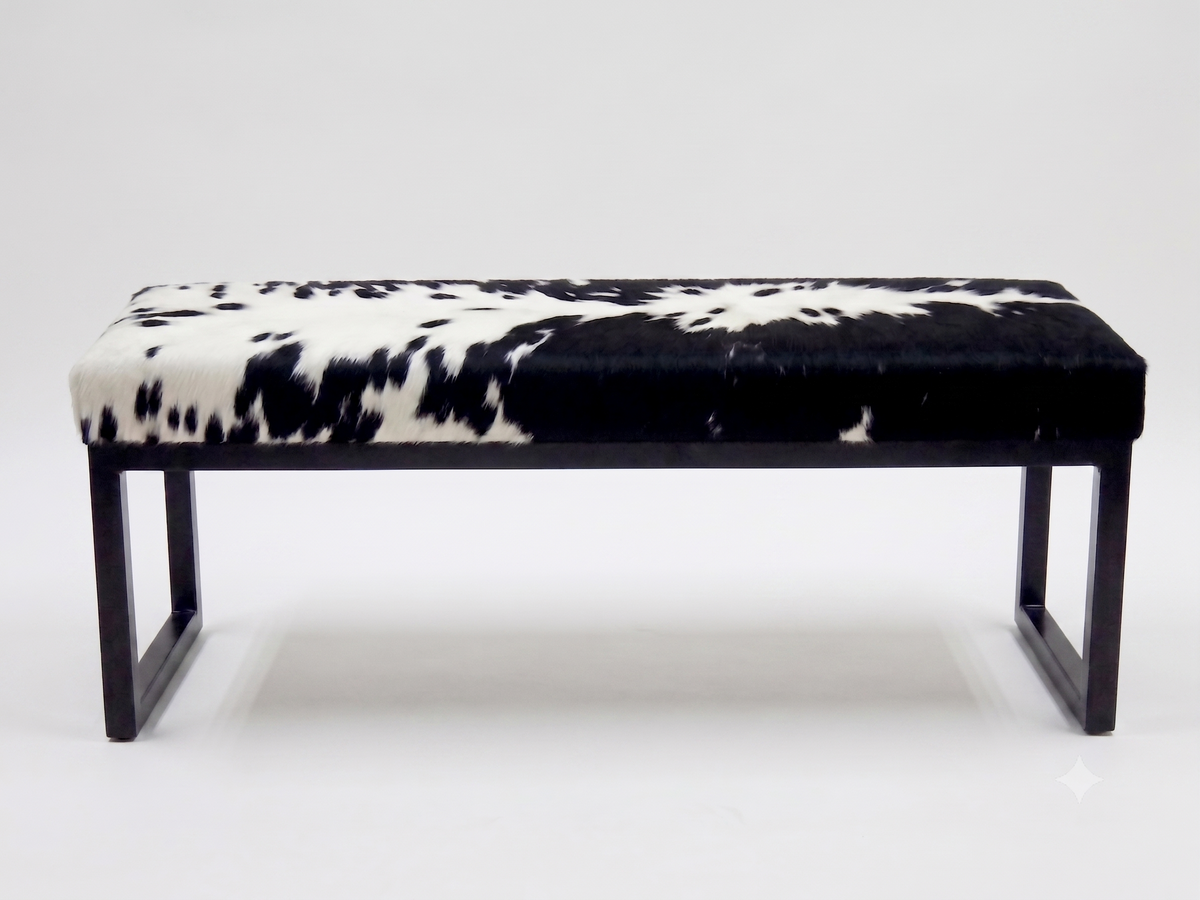 Cowhide Industrial Bench Ottoman, End of Bed, Farmhouse Style