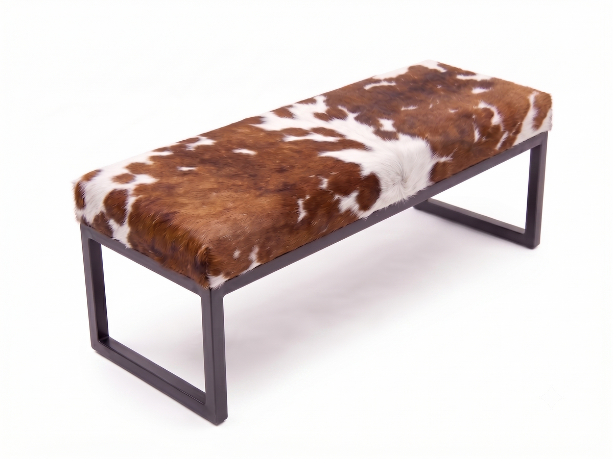 Cowhide Industrial Bench Ottoman, End of Bed, Farmhouse Style