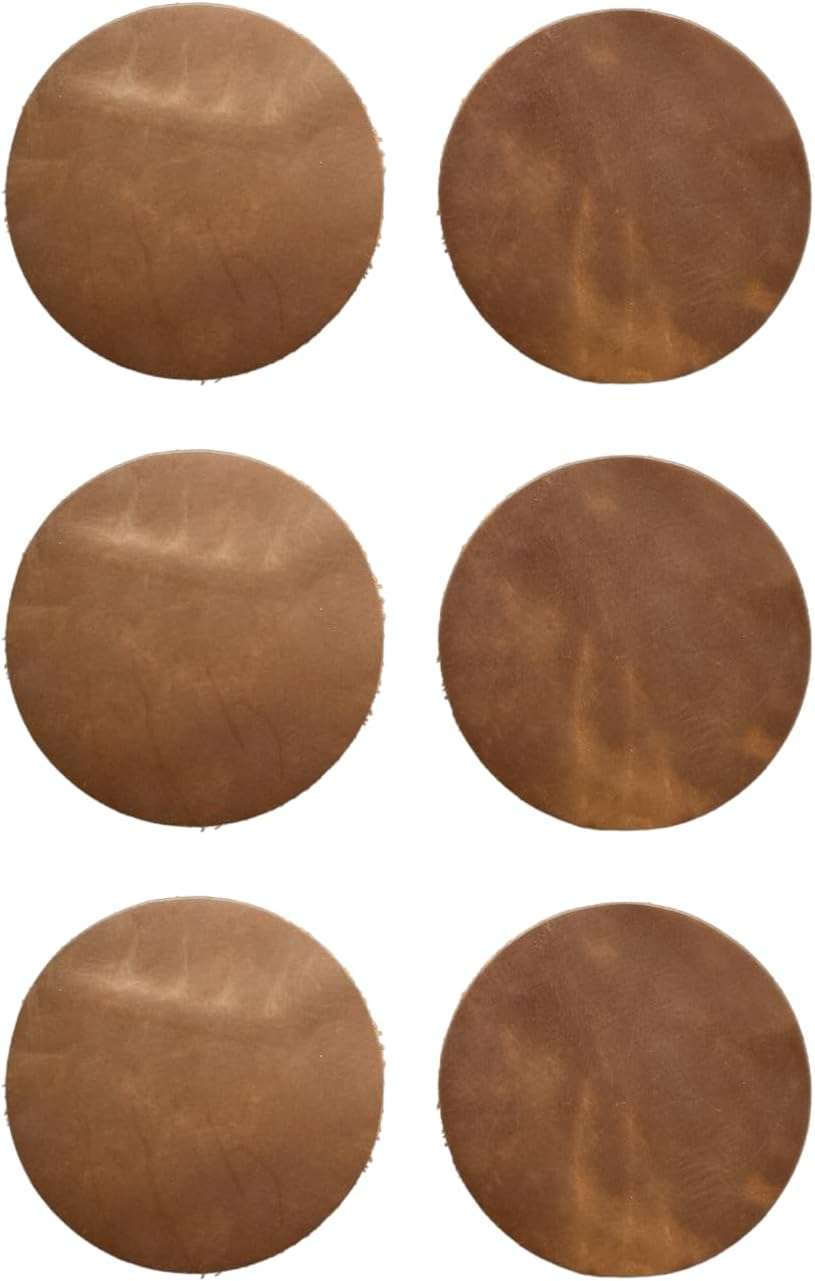Full Grain Leather Coasters Set of 6, showing cognac brown coasters in gift box