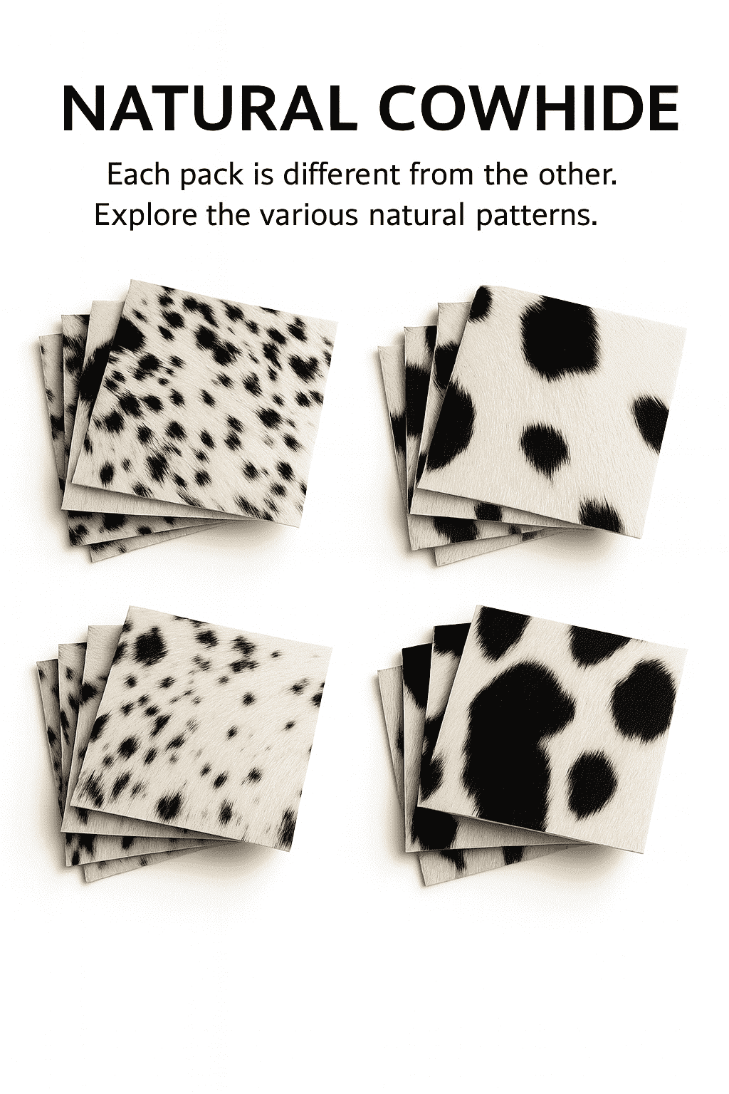 Black & White Hair-On Cowhide Sheets 12x12 Pack of 5, showing natural black and white spots