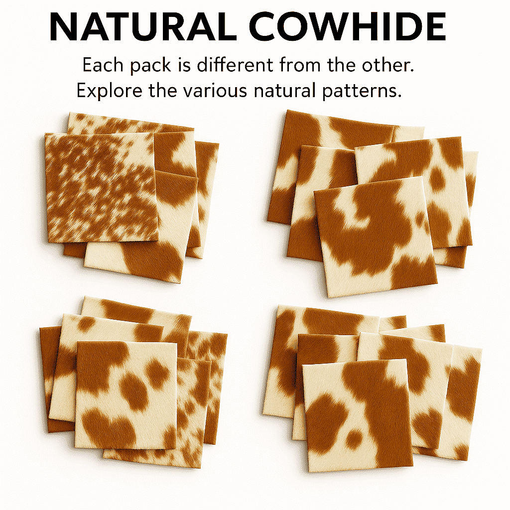 Brown & White Hair-On Cowhide Sheets 12x12 Pack of 5, showing natural brown and white patterns