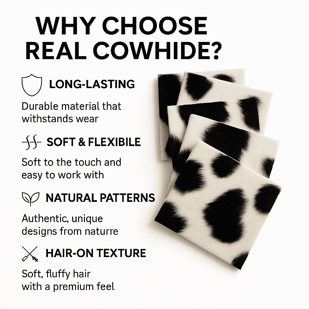 Black & White Hair-On Cowhide Sheets 12x12 Pack of 5, showing durability feature highlights