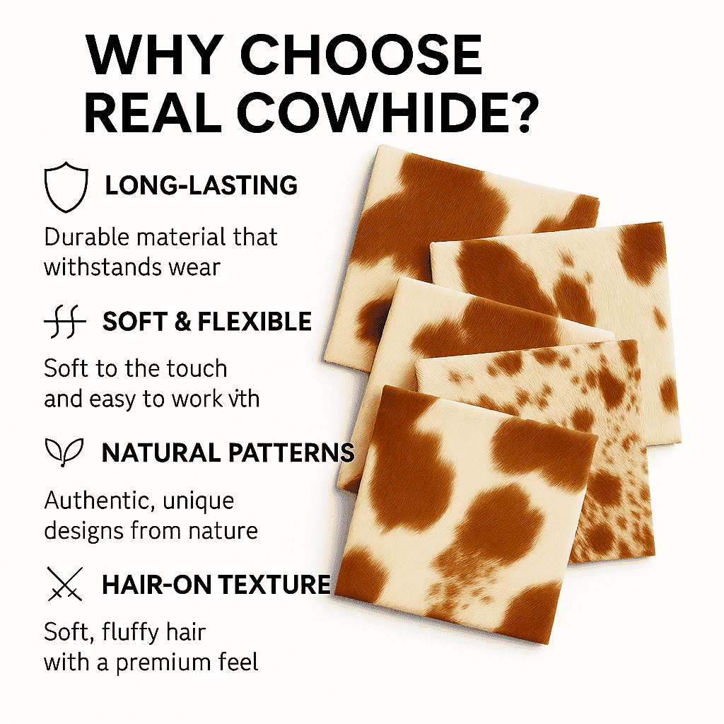Brown & White Hair-On Cowhide Sheets 12x12 Pack of 5, showing durability and softness features