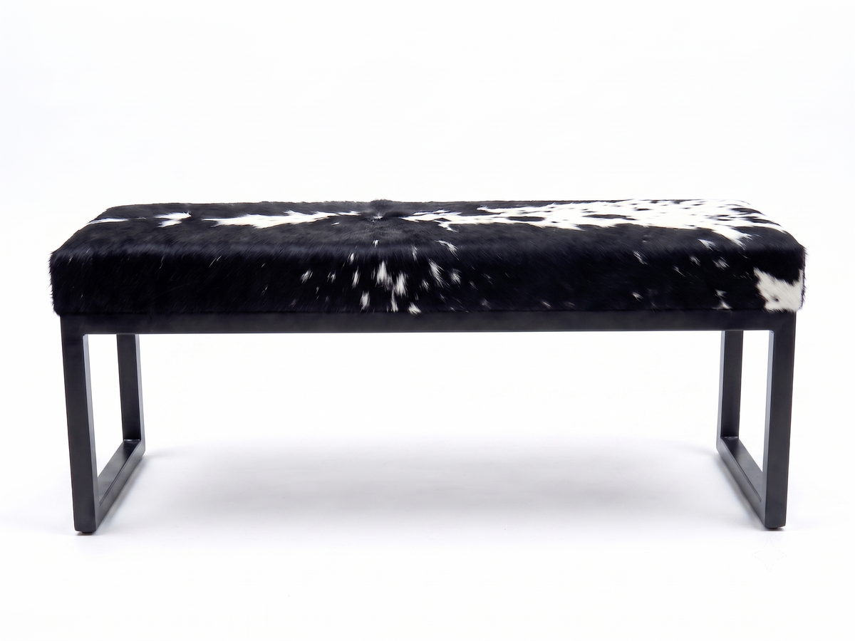 Cowhide Industrial Bench Ottoman, End of Bed, Farmhouse Style