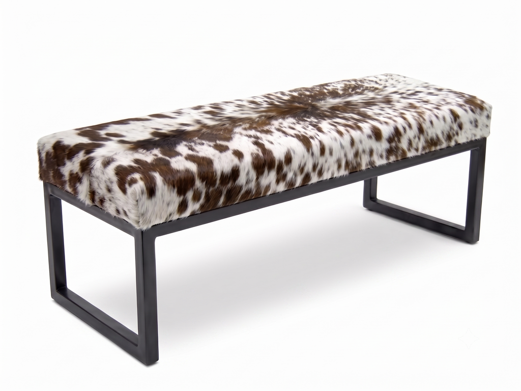 Cowhide Industrial Bench Ottoman, End of Bed, Farmhouse Style
