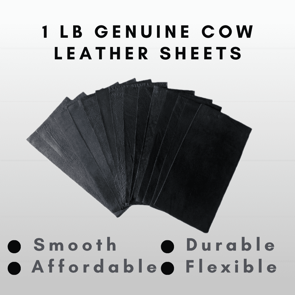 Black Cowhide Leather Sheets 5x10 1lb Pack, showing fan display of black sheets
