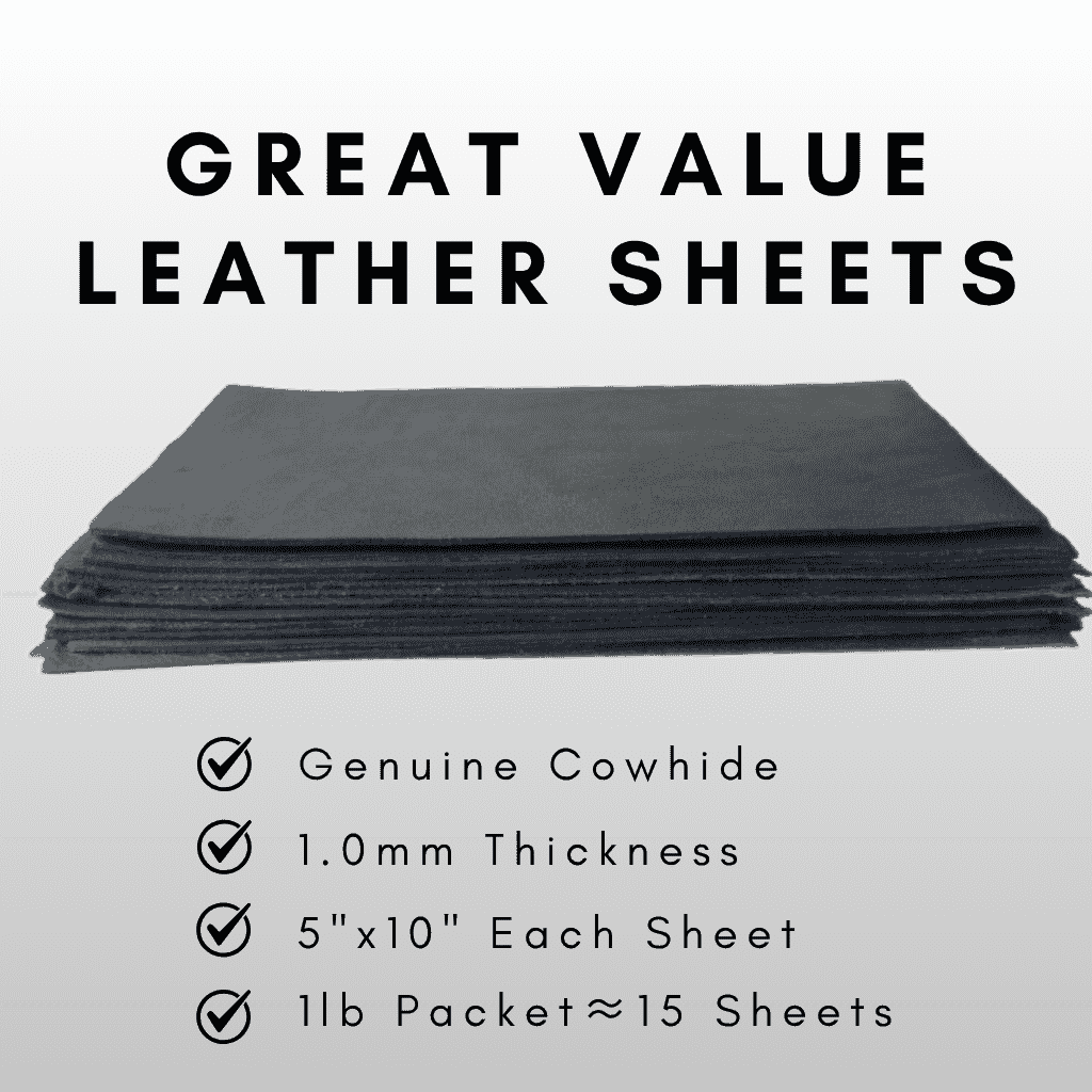 Black Cowhide Leather Sheets 5x10 1lb Pack, showing stack of 5x10 inch scrap sheets