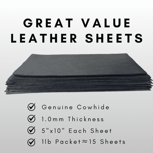 Black Cowhide Leather Sheets 5x10 1lb Pack, showing stack of 5x10 inch scrap sheets