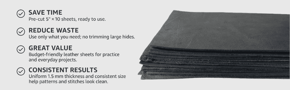 Black Cowhide Leather Sheets 5x10 1lb Pack, showing scrap bundle ready for cutting