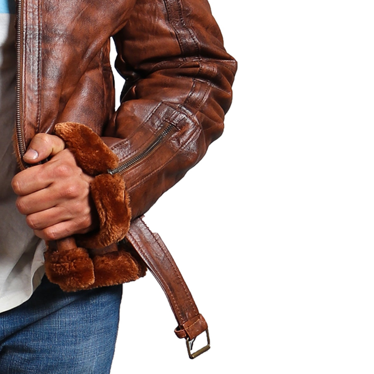 Brown Bomber Leather Jacket with Fur lining