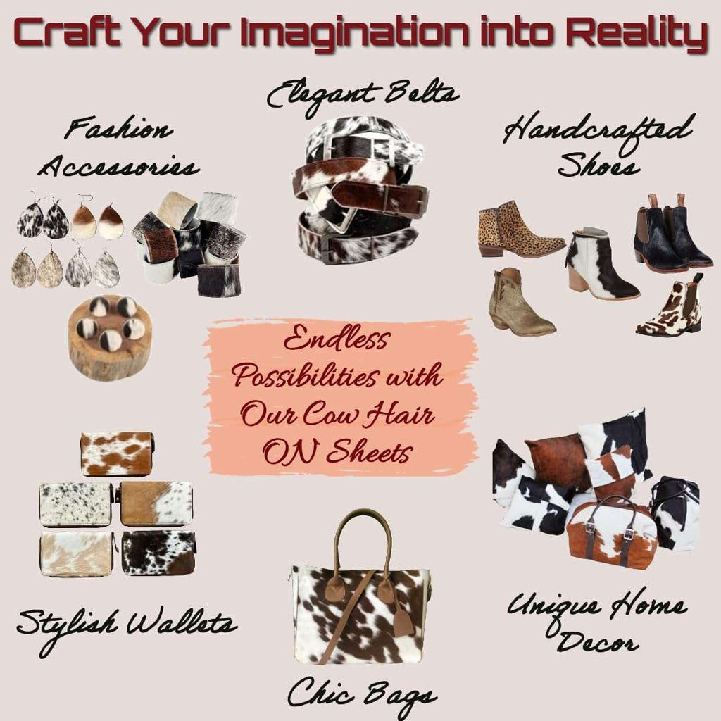 Hair-On Cowhide Leather Sheets 12x12 Pack of 3, showing craft use cases