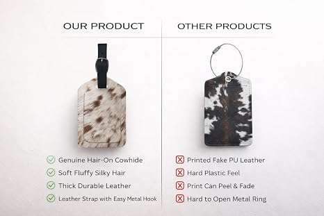 Cowhide Leather Luggage Tags Pack of 3, showing genuine leather comparison