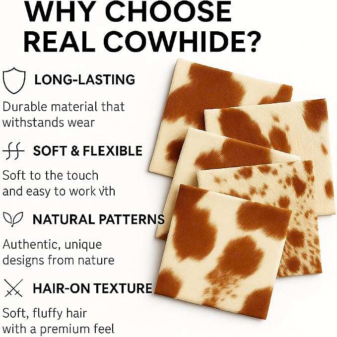 Hair-On Cowhide Leather Sheets 12x12 Pack of 3, showing material quality features