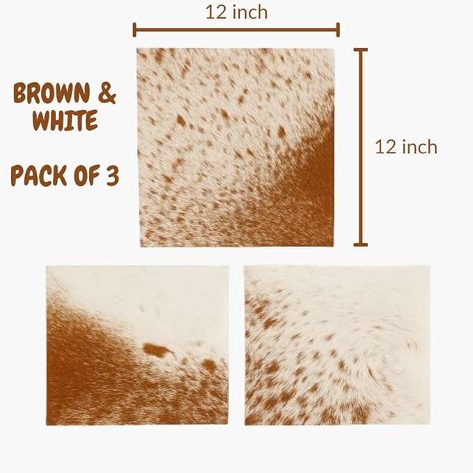 Hair-On Cowhide Leather Sheets 12x12 Pack of 3, showing dimensions and size guide