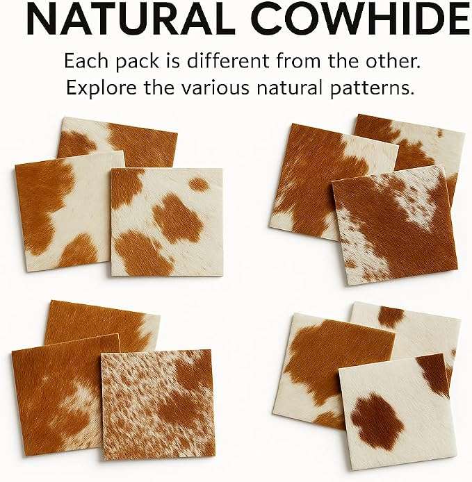 Hair-On Cowhide Leather Sheets 12x12 Pack of 3, showing natural pattern variations