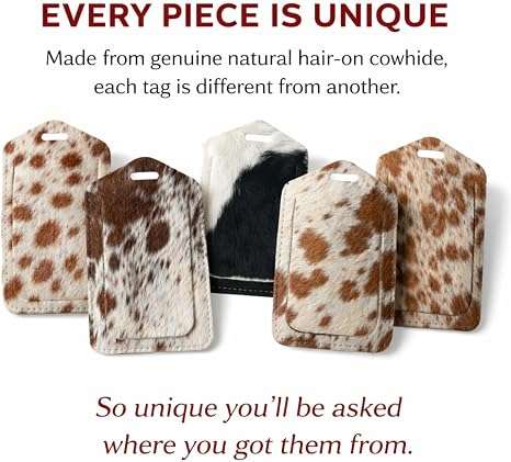 Cowhide Leather Luggage Tags Pack of 3, showing assorted natural patterns