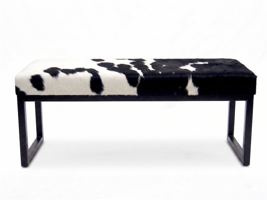 Cowhide Industrial Bench Ottoman, End of Bed, Farmhouse Style