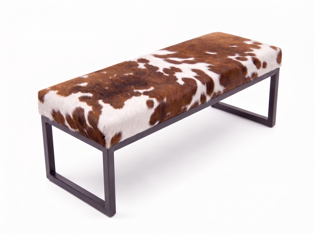 Cowhide Industrial Bench Ottoman, End of Bed, Farmhouse Style