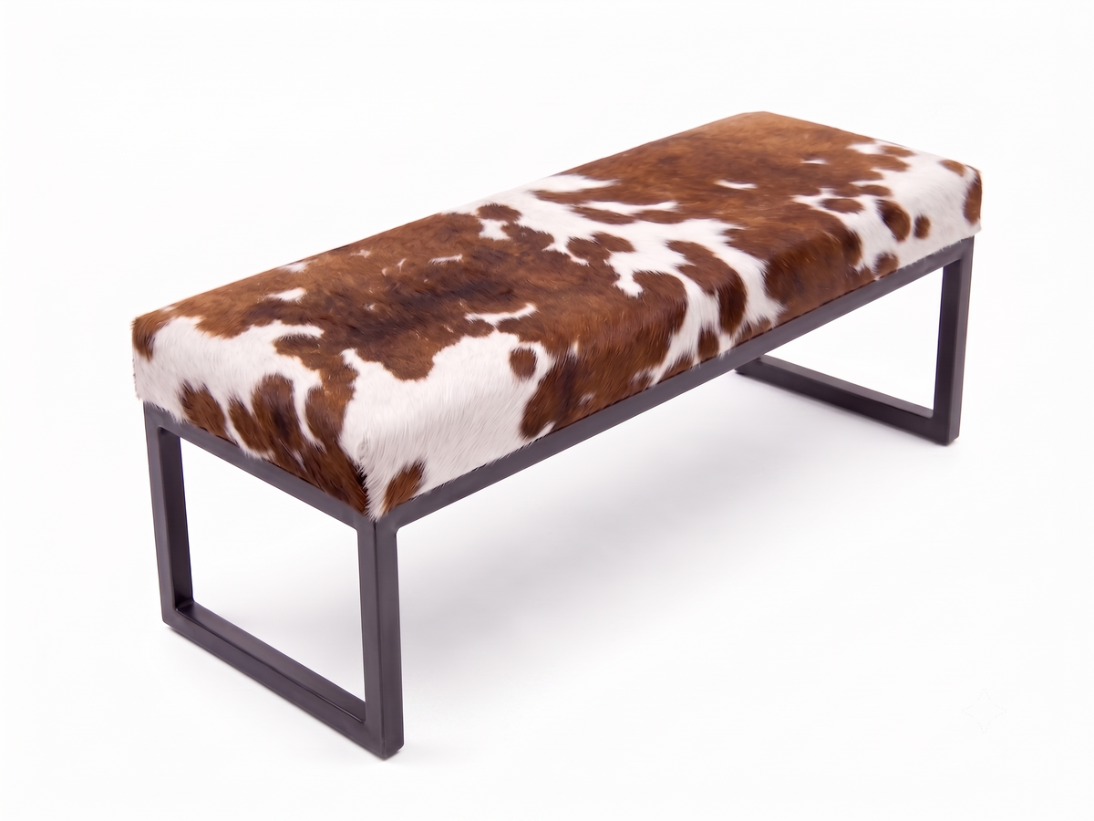 Cowhide Industrial Bench Ottoman, End of Bed, Farmhouse Style