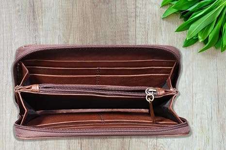 Women's Cowhide Leather Bifold Wallet with Zipper, showing interior compartment layout
