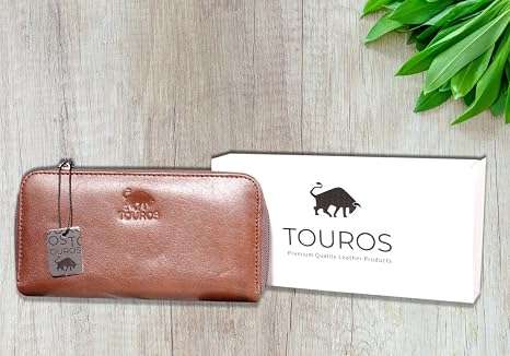 Women's Cowhide Leather Bifold Wallet with Zipper, showing branded box and packaging