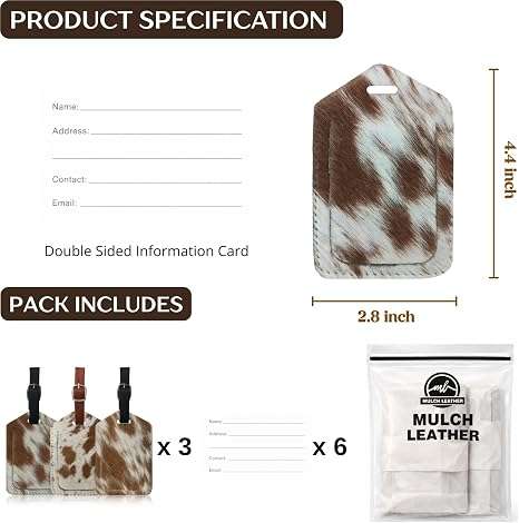 Cowhide Leather Luggage Tags Pack of 3, showing product specifications