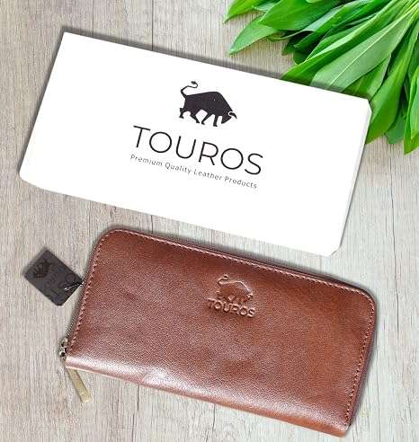Women's Cowhide Leather Bifold Wallet with Zipper, showing gift packaging box